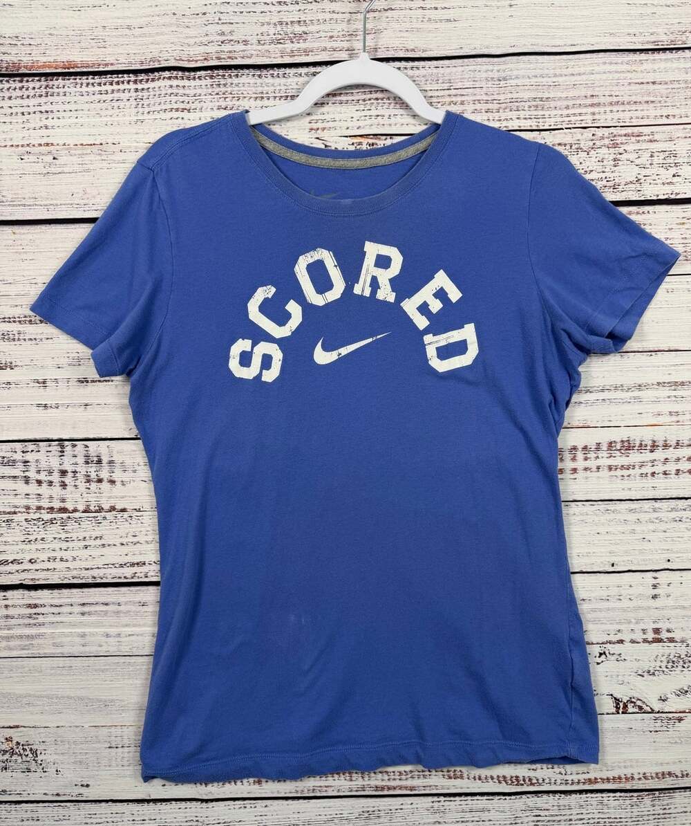 Nike Womens Scored Graphic Tee Size L Periwinkle Blue Swoosh Cotton Short Sleeve